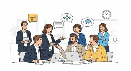 Cartoon vector illustration featuring a group of office workers discussing