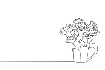Continuous line drawing of blooming red roses in a mug-shaped vase, created for National Red Rose Day. This nature concept artwork symbolizes beauty, love, and appreciation through minimal art.