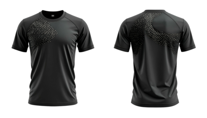 Black athletic tee, front and back views, with textured design elements