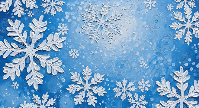Abstract close-up of an impasto painting or digital art simulating thick paint, featuring bright white textured snowflakes over various shades of blue brushstrokes.