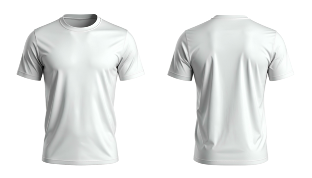 Front and back view of a plain white, crew neck t-shirt. Isolated on black