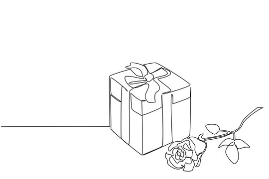 Continuous line drawing shows a wrapped gift box with ribbon and a rose beside it for National Red Rose Day, symbolizing love, beauty, and affection in a minimalist art concept of modern celebration.
