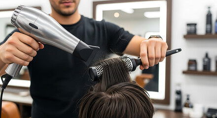 Professional hair styling: Barber blow-drying client's hair with a round brush in a modern salon