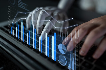 A captivating visual representation of human and robotic collaboration in data analysis, showcasing hands working with digital graphs and technology in business contexts. Scalp