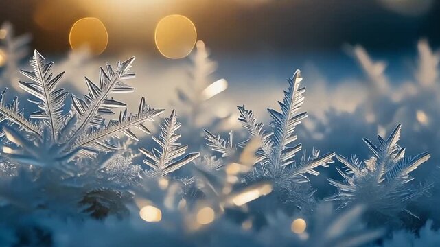 Glowing sunrise snowflake crystals on frosty winter surface