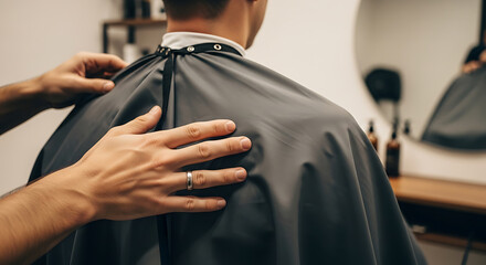 Barber adjusting client's protective cape before a haircut in a modern barbershop. Grooming service.
