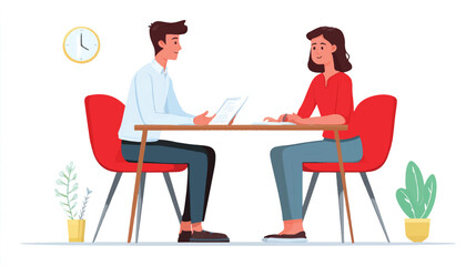 Fototapeta premium Office Collaboration: A focused scene of a man and woman engaged in work, seated at a desk, with a wall clock and a potted plant in the background, promoting productivity and teamwork.