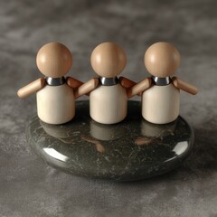 Three minimalist wooden figures carefully balance a polished stone, symbolizing mental balance and teamwork against a muted grey studio background.