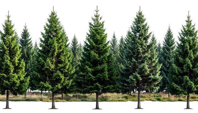 A row of evergreen trees with lush green foliage against a bright white background