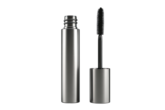Open silver mascara tube with brush, against black background