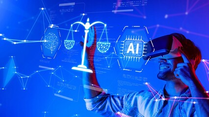 A person exploring virtual reality technology related to the legal field, showcasing elements of artificial intelligence and futuristic concepts for possible innovations. Raster
