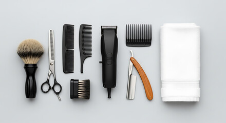 Barber & Grooming Tools Flat Lay: Hair Clipper, Razor, Combs, Scissors, Shaving Brush & Towel on Grey Background