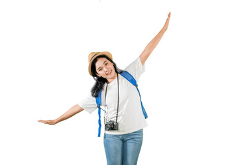 Happy Female Traveler with Camera and Backpack Spreading Arms in Joy, Isolated on White