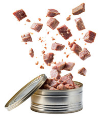 Diced meat pieces rising from open can against dark backdrop