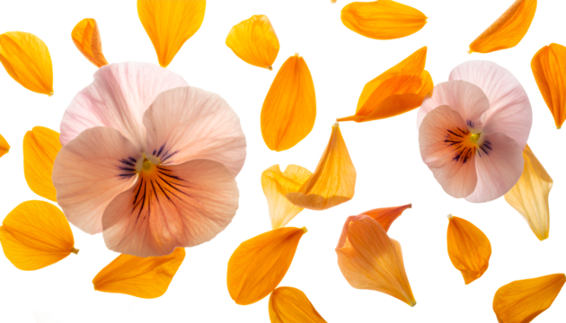 Delicate spring pansy blooms with vibrant scattered orange petals creating a fresh and natural floral arrangement on a clean white background, evoking a sense of gentle beauty and light