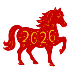 2026 Horse New Year symbol. Cute red horse with decor elements and gold number 2026 for New Year designs, holiday greeting cards and posters. Isolated vector illustration