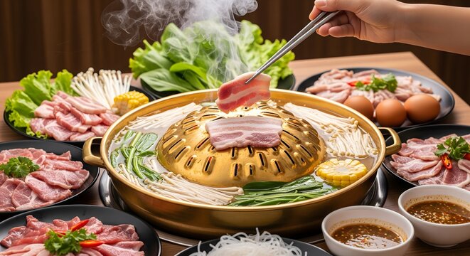 Mookata Thai Barbecue Hot Pot with Pork, Vegetables, and Steam