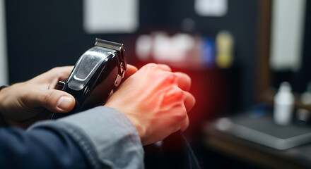 Close-up of a professional barber's hands holding an electric hair clipper, preparing for a haircut.