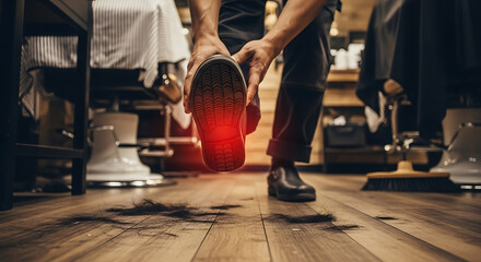 Barber suffering from painful foot, highlighted red, on a wooden floor with scattered hair. Occupational health issue.