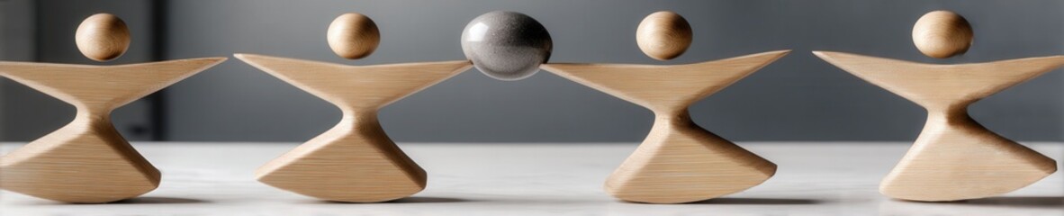 Three minimalist wooden figures carefully balance a polished stone, symbolizing mental balance and teamwork against a muted grey studio background.