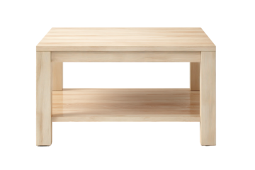 Simple, light wood table with lower shelf on black ground