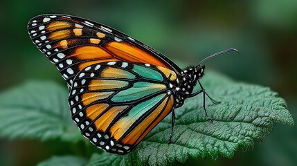 Fototapeta premium Monarch butterfly rests on a green leaf with blurred background.