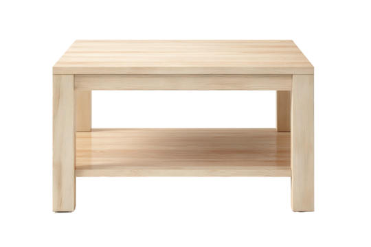 Simple, light wood table with lower shelf on black ground