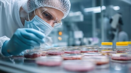 A scientist in a lab coat and protective gear, examining petri dishes with bacteria samples in a laboratory setting.