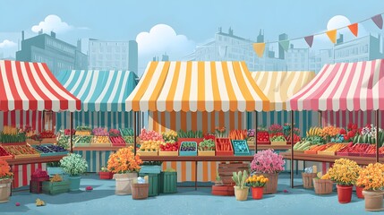 Colorful striped vendor stalls overflow with fresh produce and vibrant potted flowers at an outdoor urban marketplace