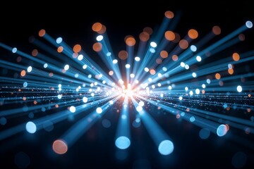 Radiant blue and orange light beams burst from center, creating dynamic, futuristic energy explosion against dark background.