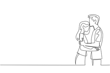 Continuous line drawing of a couple hugging symbolizes emotional closeness for National Loving Day, conveying warmth, compassion, and harmony through a modern minimalist art concept.