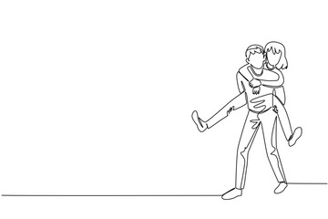 Single line drawing of a man giving a piggyback ride to his wife reflects National Loving Day’s spirit of equality, love, and connection through a minimalist art concept of joy and support.