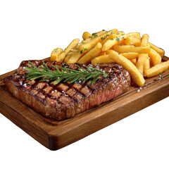 Grilled steak & fries on wooden board