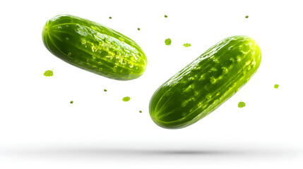 A fresh cucumber floats effortlessly to create a clean visual impact, isolated on white
