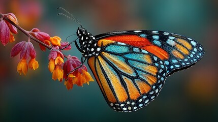 Monarch butterfly rests on a flowering branch with a blurred colorful background.