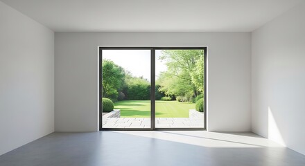 Empty square room with Double sliding door with green garden of backyard view. Outdoor terrace area with green lawn.