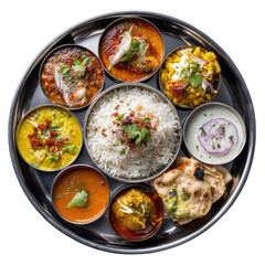 Indian thali rice, curry, naan, raita on metal plate