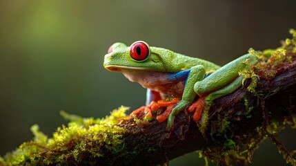 Naklejka premium Vibrant amphibian with striking red eyes rests upon a moss-covered branch in a lush natural setting