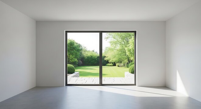 Empty square room with Double sliding door with green garden of backyard view. Outdoor terrace area with green lawn.
