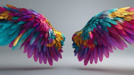 Fototapeta premium Symmetrical pair of vibrant, multicolored feathered appendages displayed against a muted background
