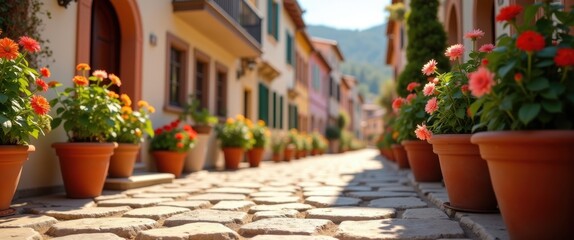 Charming Street Scene with Flower Pots on Cobblestone Path in Old European Town