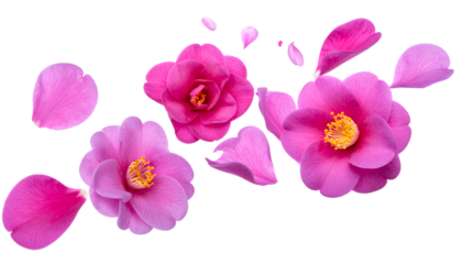 Delicate pink camellia flowers and petals gracefully floating in the air, a symbol of spring's beauty