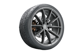 Car tire on rim, grey alloy, textured, dark background