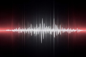 White audio waveform pulses against dark red backdrop, symbolizing sound waves in digital music or recording software interface.