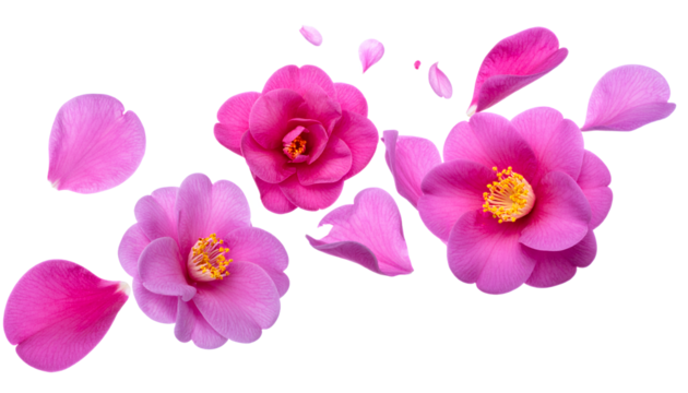 Delicate pink camellia flowers and petals gracefully floating in the air, a symbol of spring's beauty