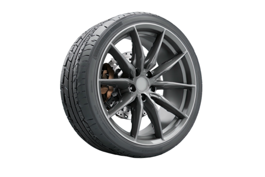 Car tire on rim, grey alloy, textured, dark background