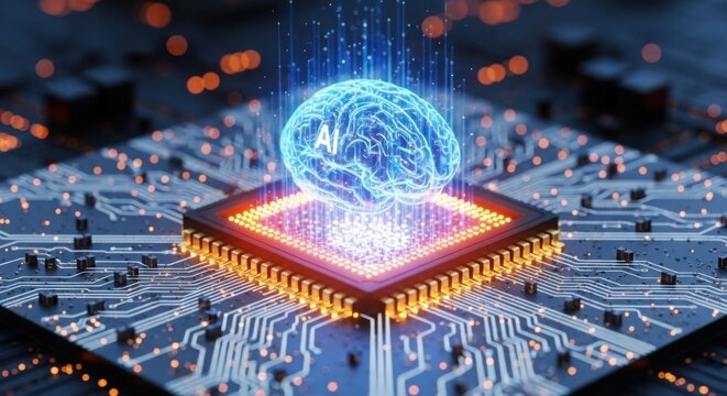 Artificial intelligence brain on a glowing circuit board representing advanced computing