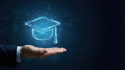 Online education technology concept. Hand holding a digital graduation cap symbolizing education and achievement.