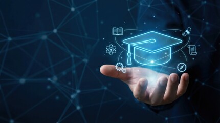 Online education technology concept. Hand holding digital education icons, symbolizing learning and knowledge in technology.