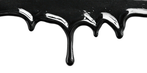 Glossy black fluid drips down, against a dark backdrop